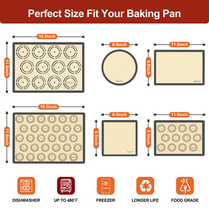 Silicone Baking Mat Set of 6, Non-Stick & Easy Clean Food Grade Reusable Baking Mat, Silicon Baking Mats Oven Liner Sheet, Round & Square Cake Mat, Pastry Board Rolling Dough Mats for Macaron Cookie