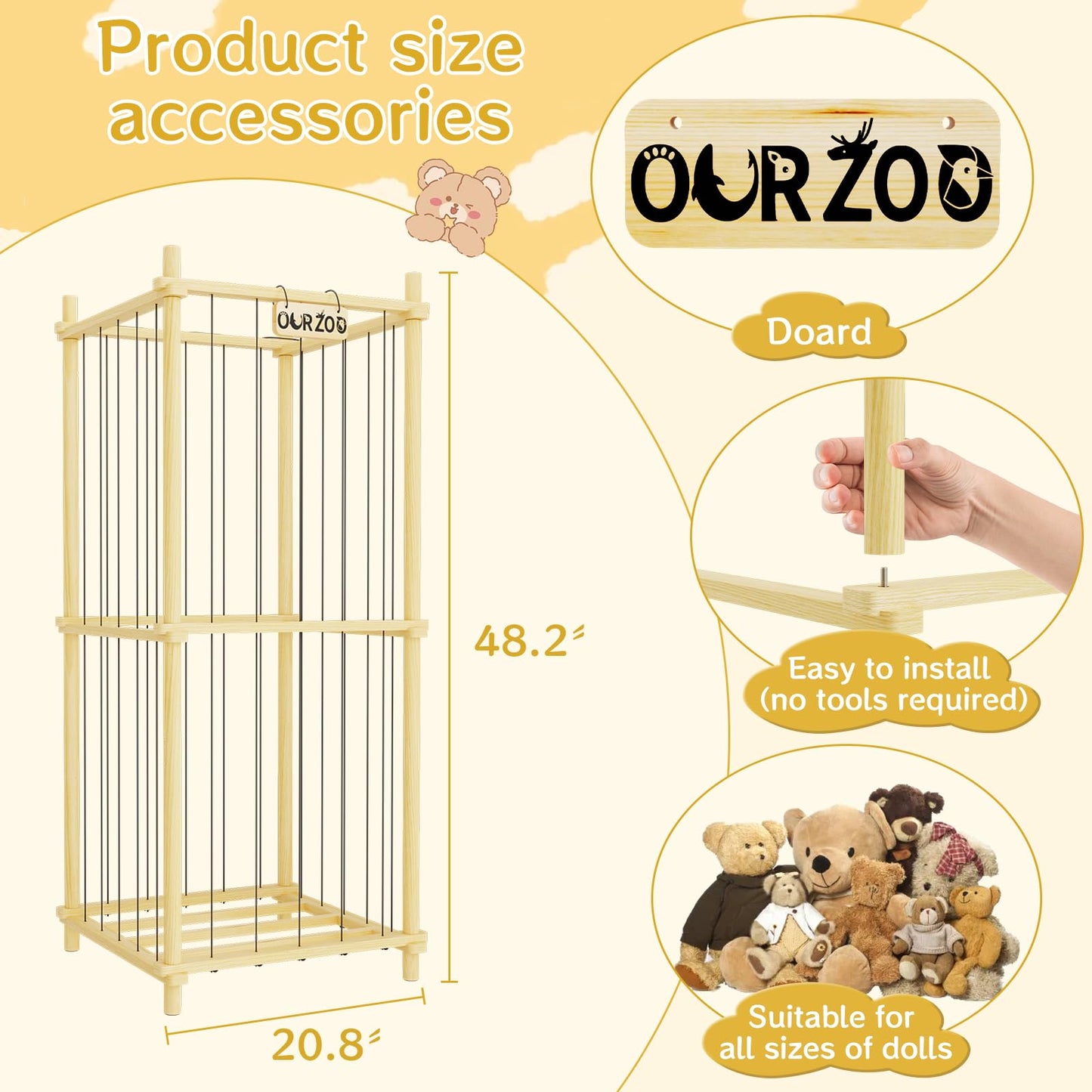 HAIDAIYA Stuffed Animal Zoo Storage Cage Wooden, Wood Extra Large Stuffed Animal Storage Basket, Toy Storage for Big Stuffed Animals, Large Toy Chest for Kids Girls Boys Toy Organizer Holder