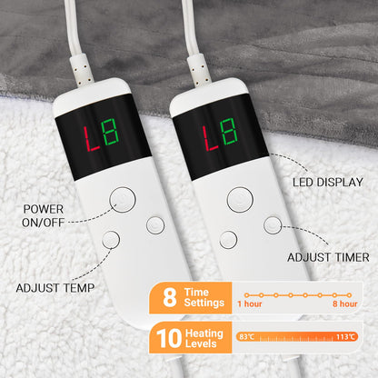 Electric Heated Blanket Queen Size 84''x90'' Soft Flannel & Sherpa Electric Blanket with 10 Heating Levels, Automatically Shut Down After 8h with Overheat Protection Machine Washable