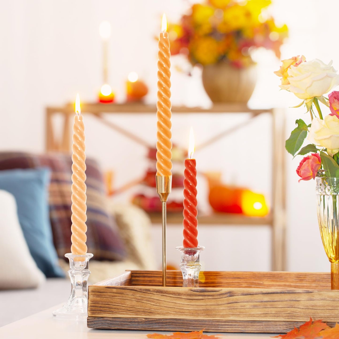 Whaline 12Pcs Fall Gradient Orange Spiral Taper Candles 10 Inch Dripless Twisted Wax Candles Long Unscented Candle Sticks Autumn Halloween Party Home Dining Table Decor