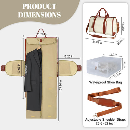 Geestock Garment Bag for Travel, Convertible Carry On Garment Duffle Bags for Women with Shoe Pouch & Detachable Shoulder Strap, Large PU Leather, 2 in 1 Hanging Suitcase Dress Suit Travel Bag, Beige