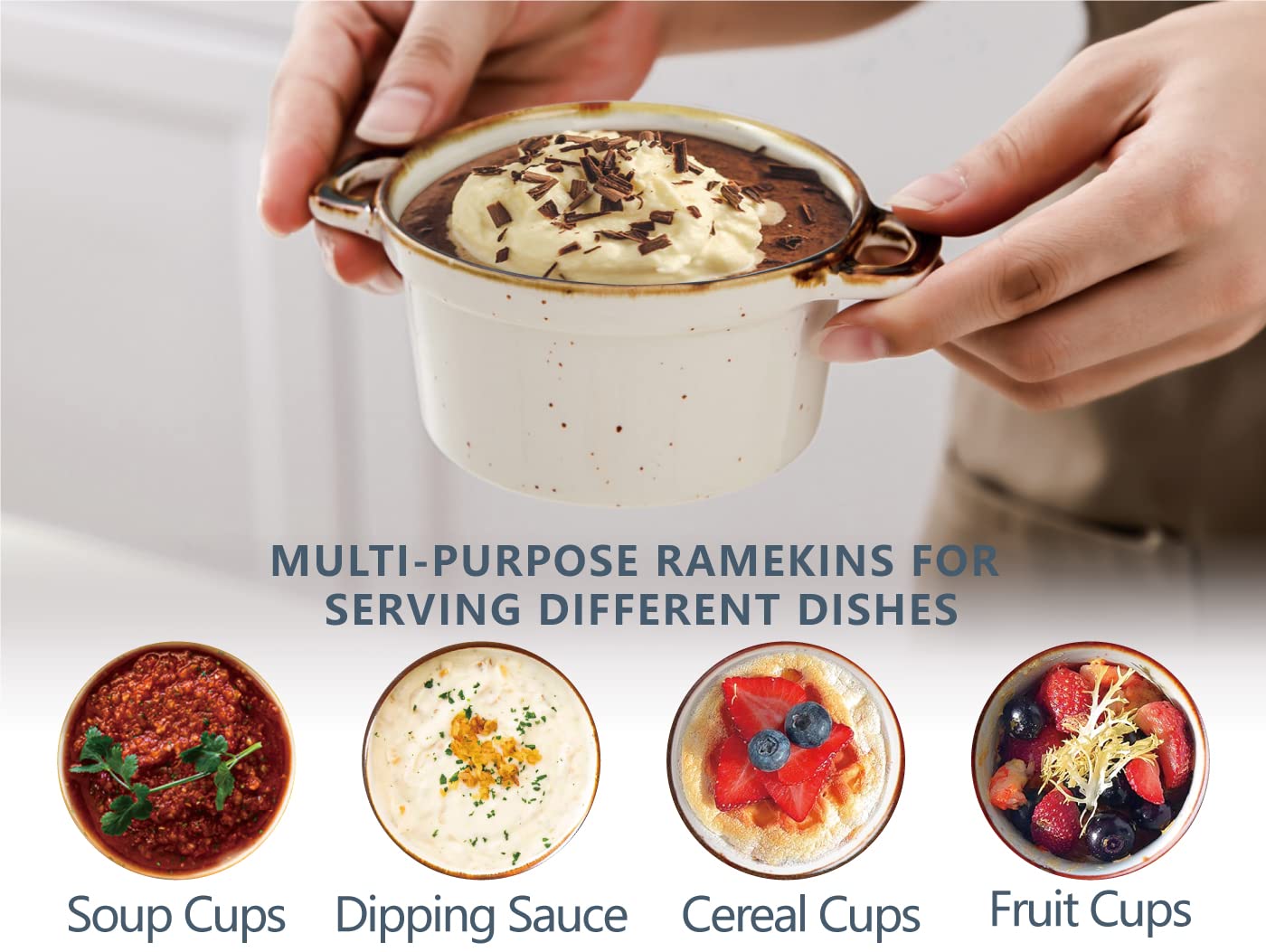 ONEMORE Mini Cocotte Set of 4, 6 oz Ceramic Ramekins with Lids and Handles, Small Casserole Dishes for Oven, Mini Dutch Oven for French Onion Soup, Souffle and Baking, Microwave & Dishwasher Safe, Creamy White