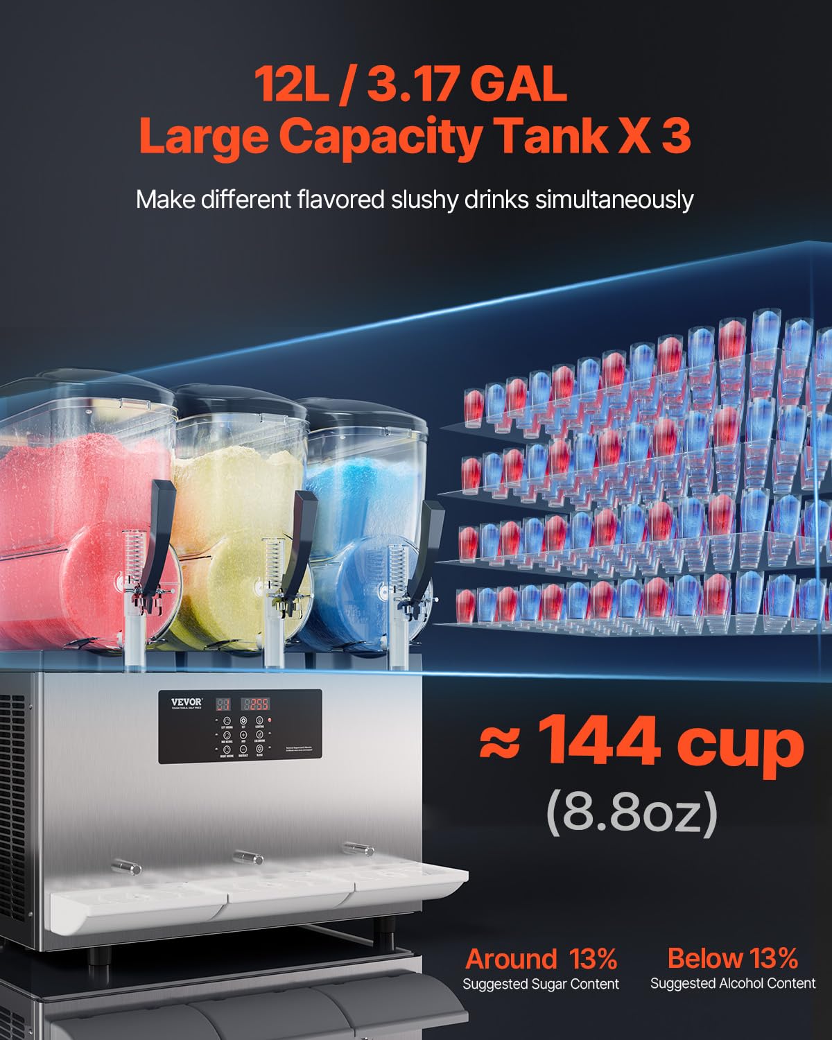 VEVOR Commercial Slushy Machine, 12Lx3 Triple Tank Frozen Drink Machine, 144 Cups Stainless Steel Margarita Smoothie Frozen Drink Maker, Slushie Maker for Home Party Restaurants Cafe Bars