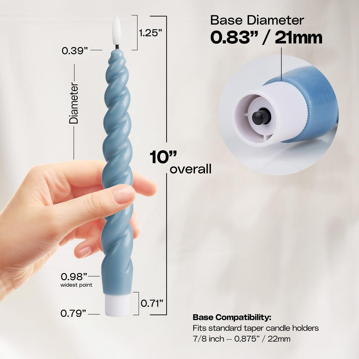 WYZworks 10" Flameless LED Taper Candles – Full Twisted Spiral – Dusty Blue, Set of 6 – Remote, 2/4/6/8-Hr Timer (24-hr Memory), Bottom On/Off Button, Dimmable, Battery Operated, Flicker/Steady