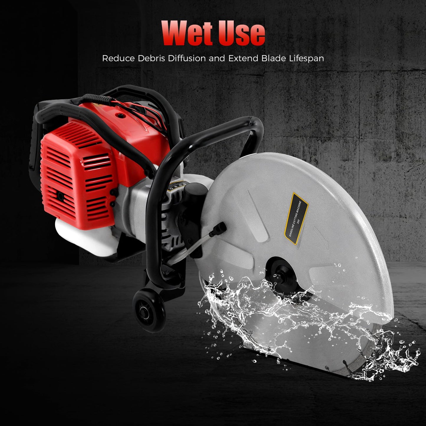 16In Gas Concrete Saw,1400w Concrete Gas Powered Cut-Off Saw with Blade and Directional Wheel, 2-Stroke 52cc Engine Cement Masonry Wet Dry Machine,4" Cut Depth,Motor Circular Cutter For Stone, Brick