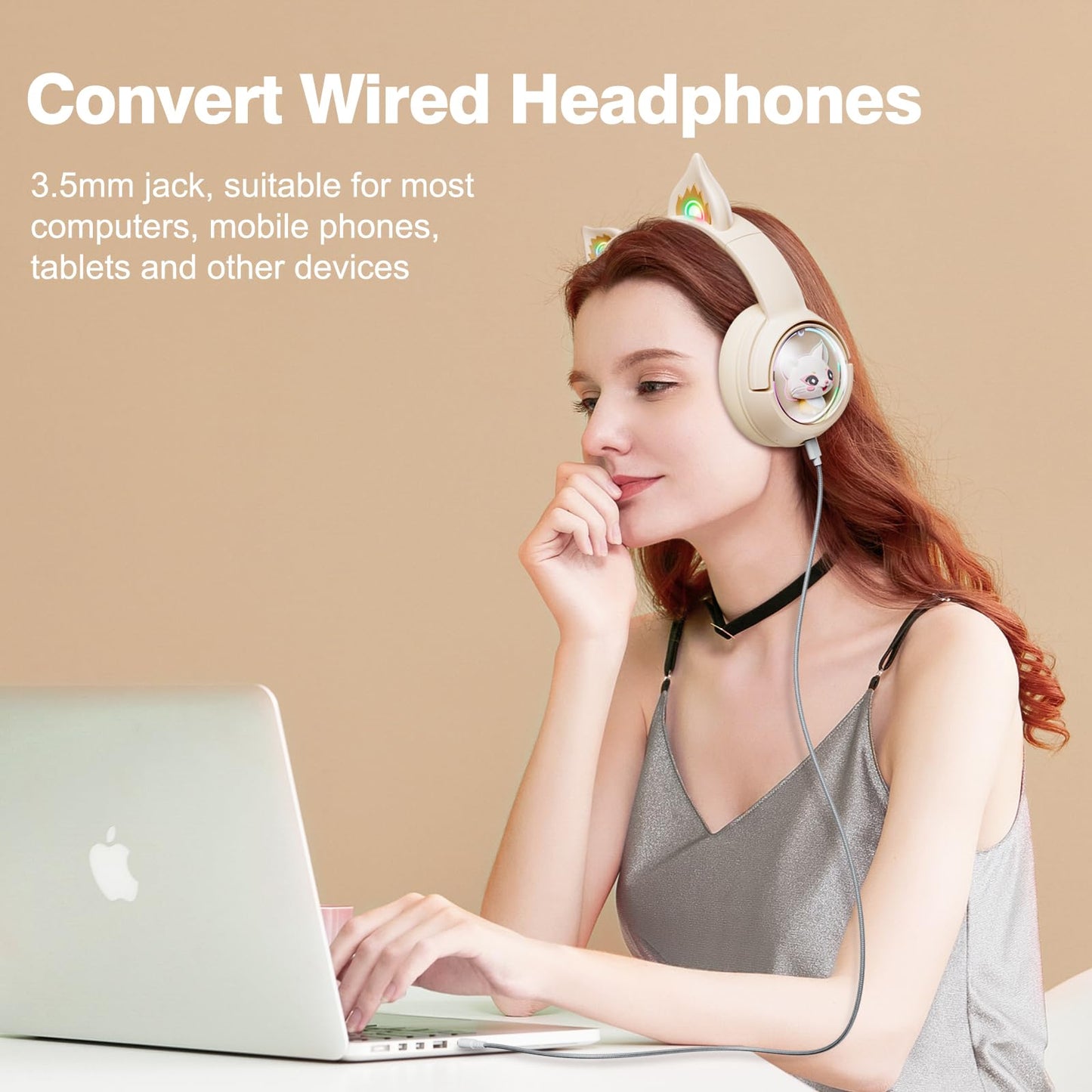 PHNIXGAM Cat Bluetooth Headphones, Wireless Headset with Mic, RGB LED Light Compatible with Mobile Phones PC Tablet, with 3.5mm Wired Mode for Audio Only, Beige