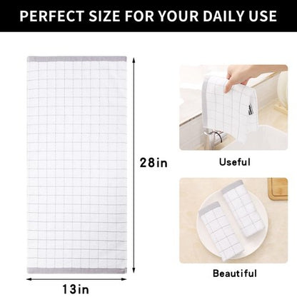 Homaxy 100% Cotton Terry Kitchen Towels(White, 13 x 28 inches), Checkered Designed, Soft and Super Absorbent Dish Towels, 4 Pack