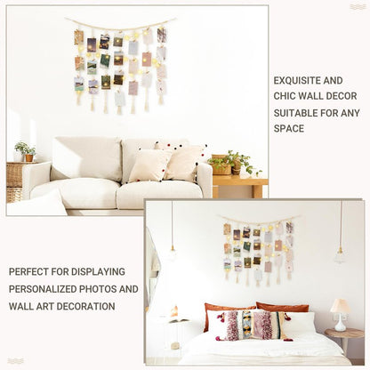 Mkono Macrame Hanging Photo Display Wall Decor with String Lights, Boho Wooden Beads Garland Collage Picture Card Frame Holder with 45 Clips for Bedroom Living Room Dorm, Teen Girls Christmas Gifts