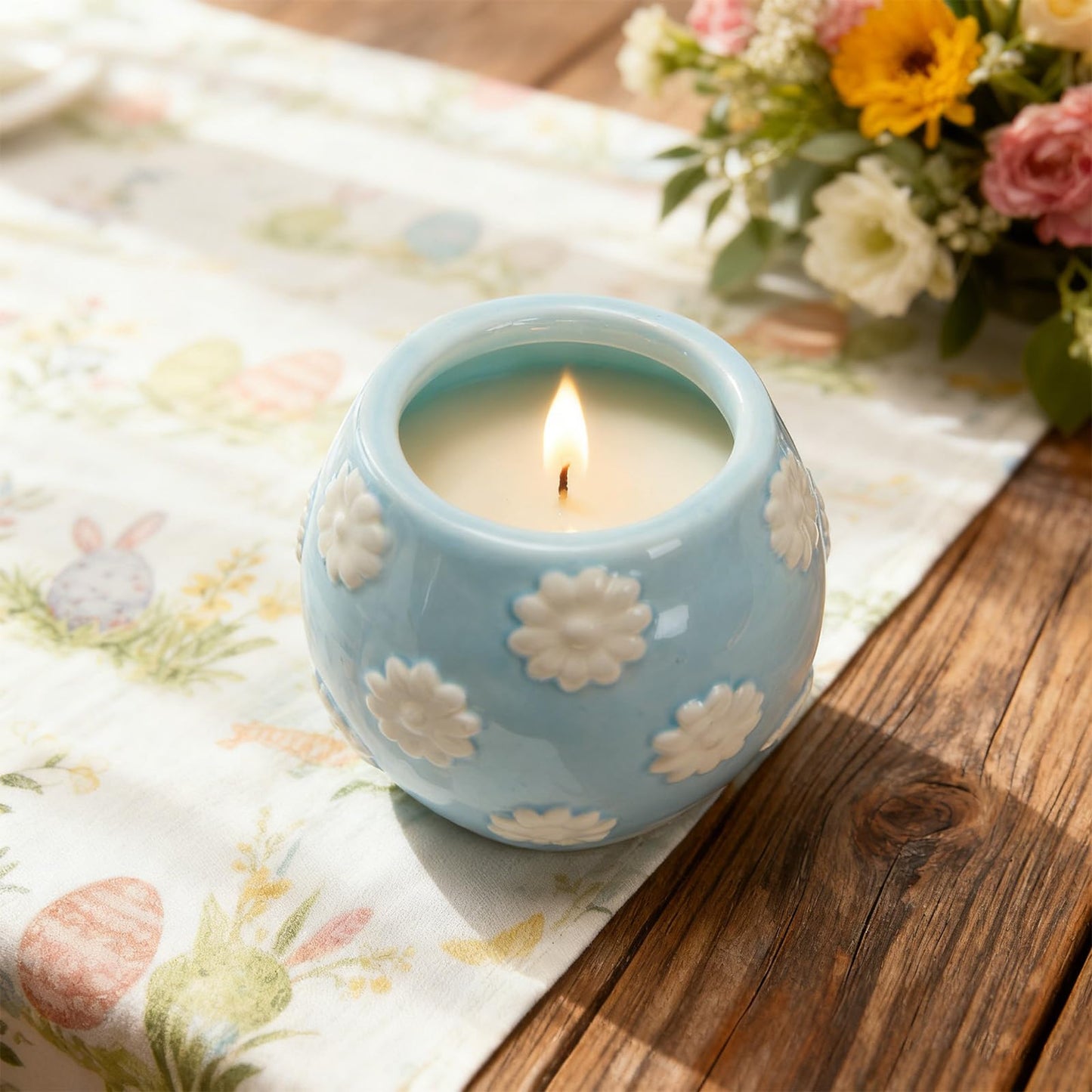 WDS WONDROUS 2-Pack Easter Bunny & Bow Ceramic Jar Candles, Egg Shaped Soy Wax Scented Candles with Daisy and Striped Design, Spring Home Decor Gift Set for Women, Blue Farmhouse Table Centerpiece