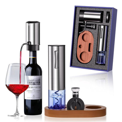 Rechargeable Electric Wine Opener 5-In-1 Set, Stainless Steel Automatic Wine Opener with Electric Wine Aerator, Foil Cutter, Wine Stopper & Base, Elegant Gift Box for Birthday, Housewarming, Christmas