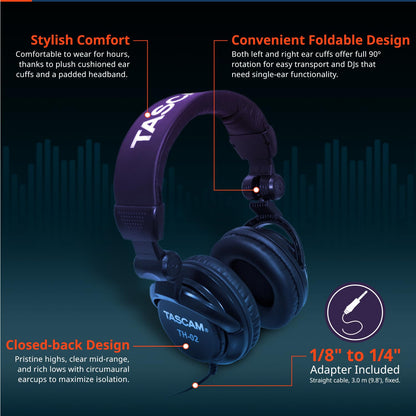 TASCAM TH-02 Professional Studio Monitor Headphones, Wired, Over Ear — for Recording, Podcast, DJ, Music and Guitar, with 1/4 Inch Jack Adapter