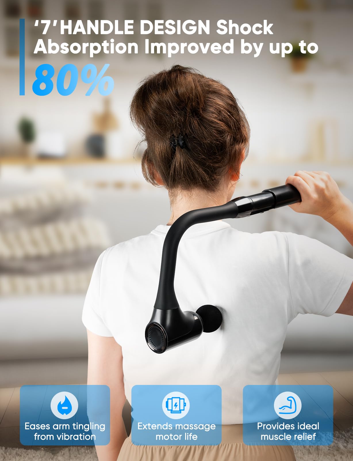 Massage Gun Deep Tissue - Back Massager for Pain Relief Deep Tissue with Extended Handle, 12MM Percussion Less-Shock Neck/Foot/Leg/Shoulder Massager, Infinitely Adjustable Speed & 4 Replaceable Heads