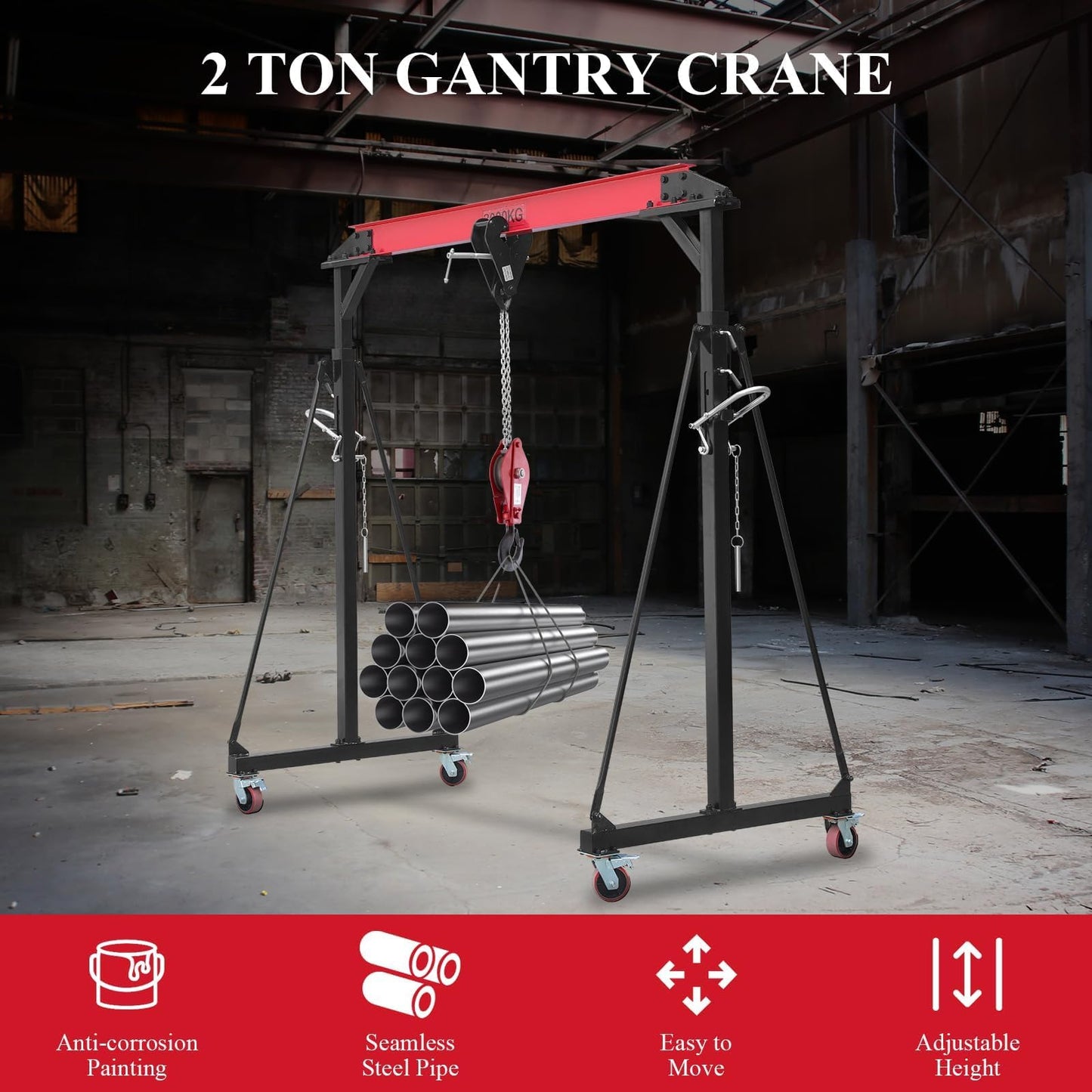 2 Ton Gantry Crane - MAX4400Lbs, Shop Crane with 360° Locking Wheels & Adjustable Height 100.4" to 147.6", Lifting Gantry for Factories Warehouses Garage Use