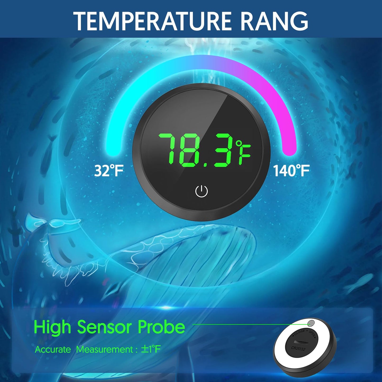 QZQ Fish Tank Thermometer Aquarium Thermometer Wireless Touch Stick Digital Aquarium Thermometer LED Display ±1°F for Monitoring The Fish Tank Aquarium Temperature Accessories (Black)