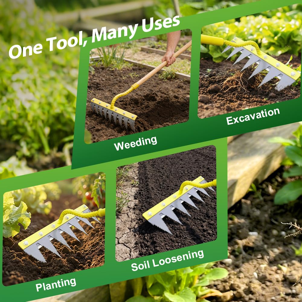 Iron Weeding Rake 2.0, Heavy Duty Garden Hand Weeder Rake, 4/5/6/7 Teeth Weeder Tool for Yard Lawn Garden, Manual Weed Puller Gardening Weeding Tool (5 Teeth)