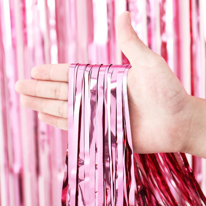 Voircoloria Light Pink Foil Fringe Backdrop Curtains - 3 Pack Tinsel Streamers for Parties & Events