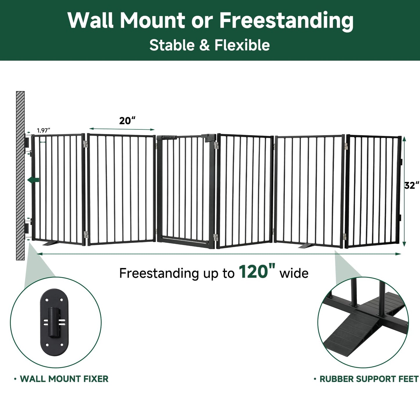 Snagle Paw Full Metal Freestanding Dog Gate with Door, 120” W x 32” H Pet Gate with Support Feet for Doorways, Stairs and Hallways, Portable Dog Fence for Indoor Use (32" 6 Panel, Black)