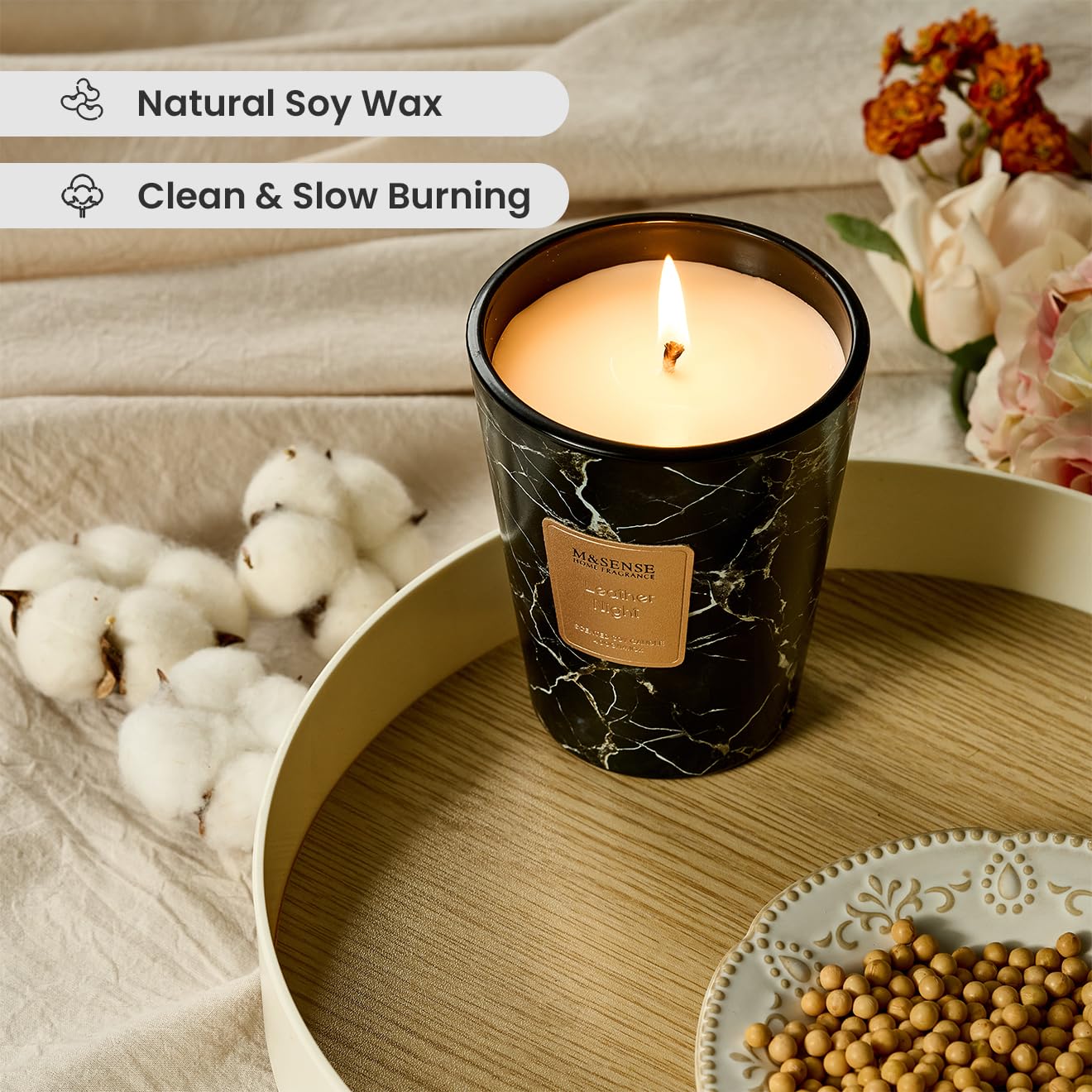 M&SENSE Leather Night Scented Soy Candle, 3 Wick Highly Scented 14.1 Oz 75H, Aromatherapy Christmas Gift for Women and Men