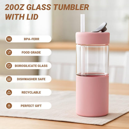 Zenbo 20 oz Glass Tumbler with Silicone Lid & Straw, Reusable Borosilicate Glass Iced Coffee Cup with Silicone Sleeve, Leak-Proof BPA-Free Glass Cup for Smoothies, Juice, Home, Office & Travel