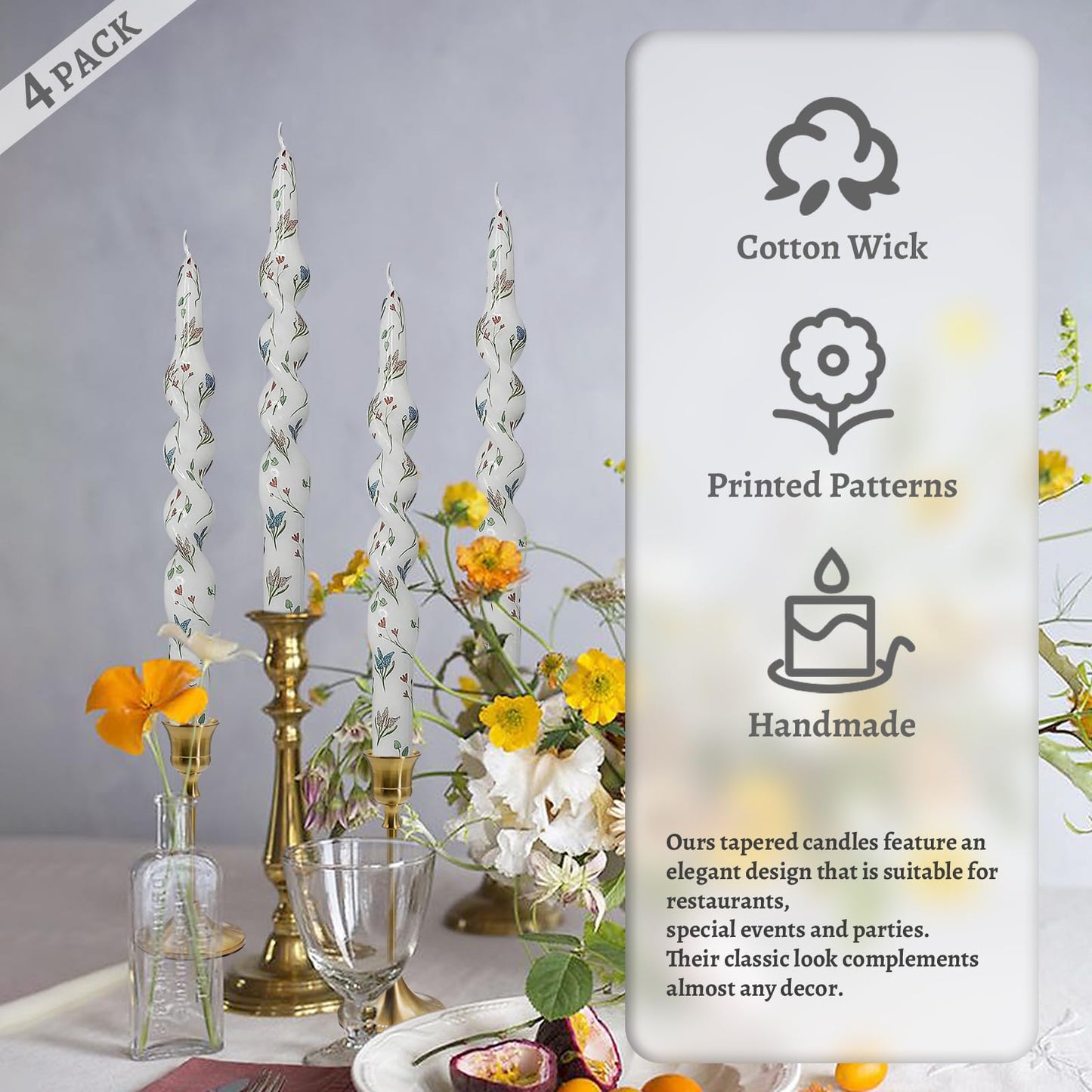 Unscented Floral Taper Candle Spiral Candlesticks - Set of 4 Trefoil Handmade Twisted Candle 10 Inch Long Candle Sticks Print Tapered Candles for Home Wedding Dinner