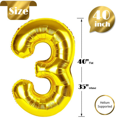 Gold Number 3 Balloon 40 Inch, 3rd Birthday Celebration Supplies for Girls Boys Women Men, 3 Balloon for Girls Boys Theme Party