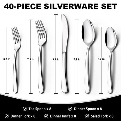 40-Piece Silverware Set with Organizer, EWFEN Heavy Duty Stainless Steel Flatware Set for 8, Food-Grade Tableware Cutlery Set, Utensil Sets for Home Restaurant, Mirror Finish, Dishwasher Safe