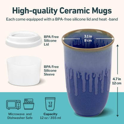NOVA CERAMICS Ceramic Tumbler– Blue Ceramic Mug – Microwave & Dishwasher Safe Coffee White & Orange Tumbler - Leak-Proof Coffee Travel Mug – 12oz – Neptune