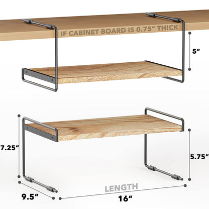 SpaceAid Cabinet Shelf Organizers 2 Pack, Kitchen Counter Organizer Rack Under Shelves Riser, Pantry Cupboard Storage Organization, Metal and Wood, Black and Natural, 16" Wide