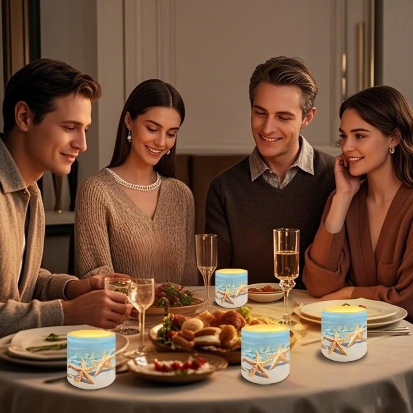 NETILGEN Flameless Candles Set of 4 Blue Beach Starfish Print Home Party Decor Realistic Flickering Flameless Candles with Timer Remote Control Battery Powered LED Candles