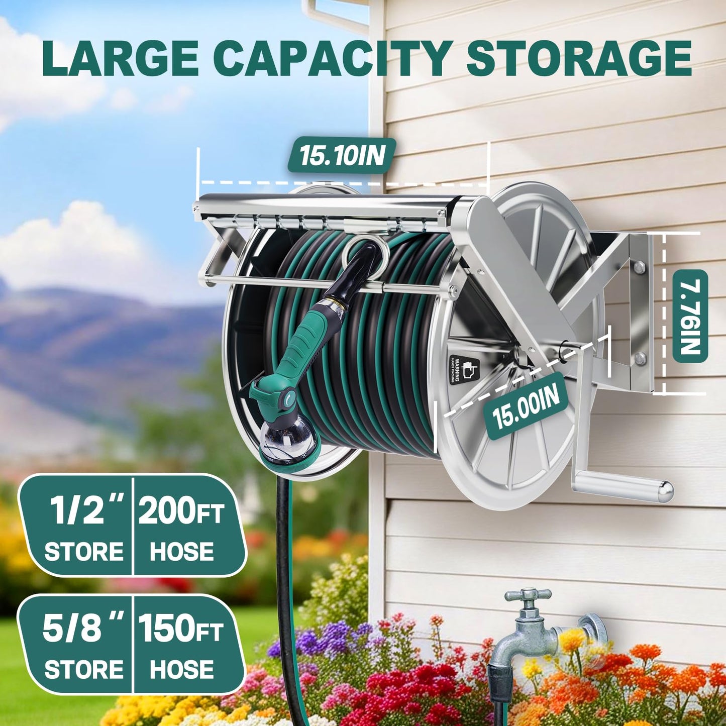 Stainless Steel Garden Hose Reel Heavy Duty, Wall Mount Water Hose Holder, 150 Feet of 5/8 Inch Hoses Capacity, Hose Reels with 5 ft Inlet Hose for Outside, Lawn, Yard, Garage