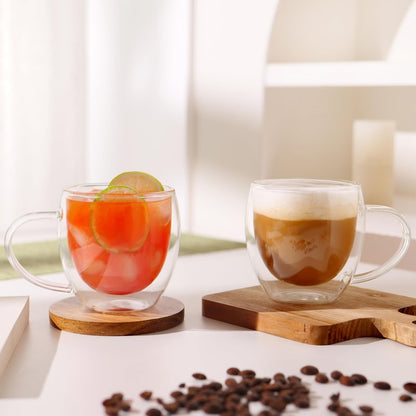 CNGLASS Double Walled Glass Coffee Mugs with Handle,12oz Insulated Glass Mugs with Handle,Clear Espresso Cups for Latte,Cappuccino,Tea Bag,Set of 2