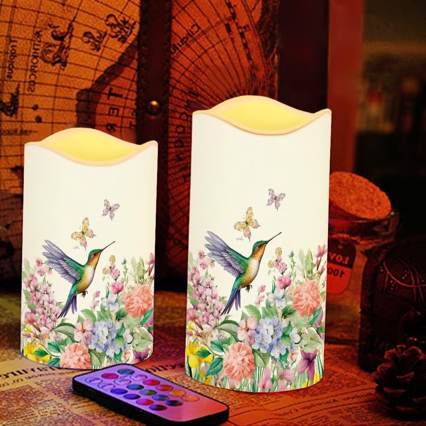 Cozeyat Bird Bloom Birthday Party Flameless Candles 4 Pack Battery Operated LED Pillar Candles with Remote Timer Waterproof Flickering for Home Table Decor