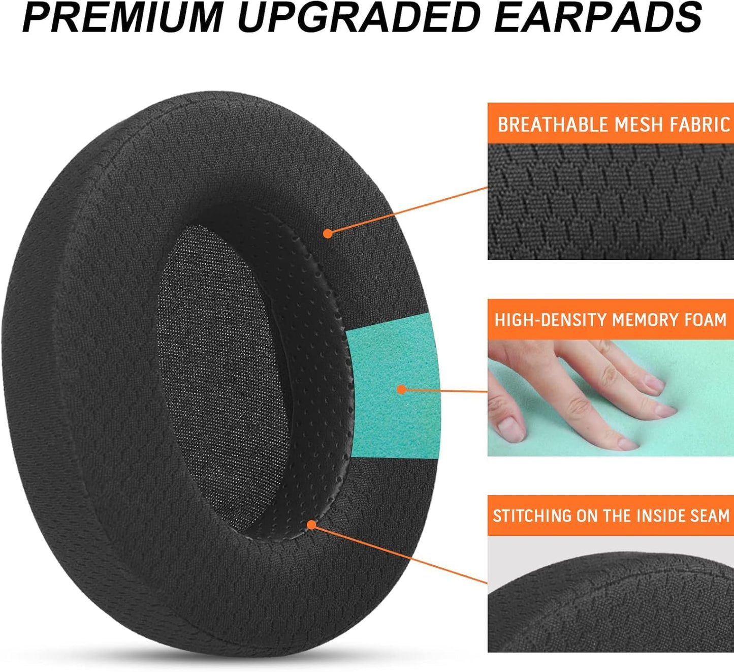 Upgraded Replacement Earpads Cushions for HyperX Cloud/Alpha, Audio Technica M50X/M40X, Turtle Beach Stealth 400/600 & More - Ear Pads with Breathable Mesh Fabric/Added Thickness/Memory Foam
