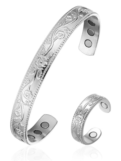 BioMag Lymphatic Drainage Ring & Copper Bracelet, 99.99% Pure Copper Magnetic Bracelet & Ring with Built-in 3500 Gauss Magnets, Adjustable Size, Floral Vine Pattern