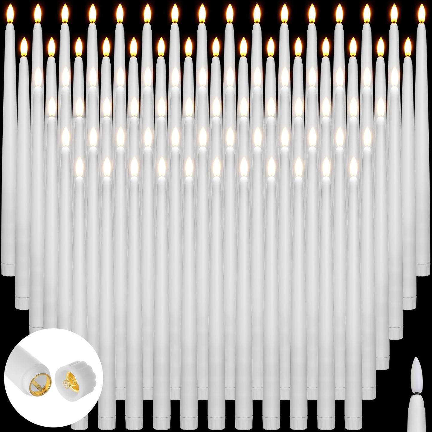 Baquler 100 Pcs Extra Long Flameless Taper Candles 12.4 inch Battery Operated Taper Candle Bulk LED Flickering White Candlesticks for Wedding Church Table Centerpiece Halloween Christmas Party Decor
