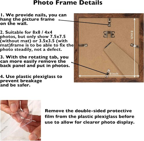 JCJMY 8x8 Picture Frame Set of 6 - Versatile Wall Hanging & Tabletop Display in Deep Brown