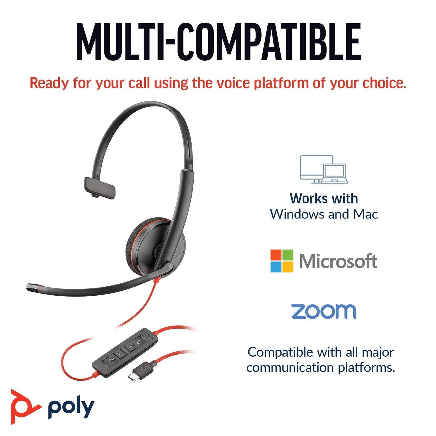 Poly Blackwire 3210 Wired Headset, Noise-Canceling Mic, Single-Ear Design, Connect to PC/Mac via USB-C or USB-A, Works with Teams & Zoom, Amazon Exclusive (9P7X7AA)