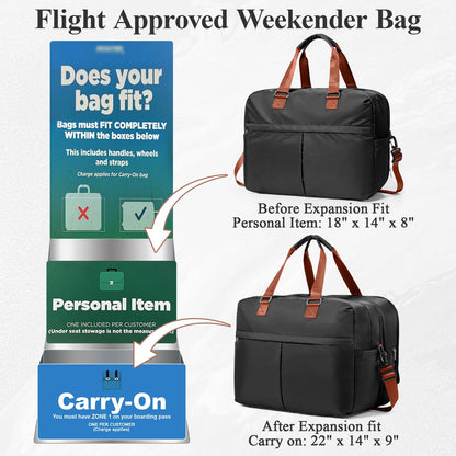 Expandable Personal Item Travel Duffle Bag Weekender Bag for Women Men, Overnight Hospital Carry On Bag with Toiletry Bag for Airplanes Travel Business Trips Sport,Black & Brown