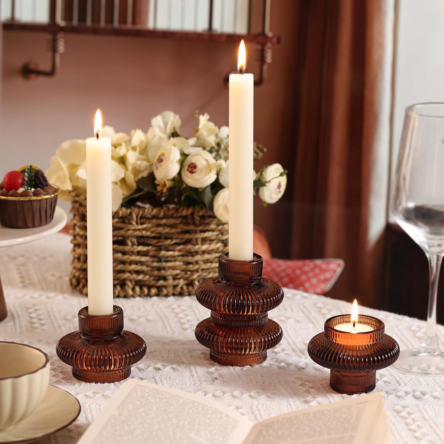Candle Stick Candle Holder Set of 8, Taper Candle Holders for Wedding Table Centerpiece, Ribbed Glass Votive Candle Holders for Christmas, Romantic Dinner, Festival & Windowsill Decor