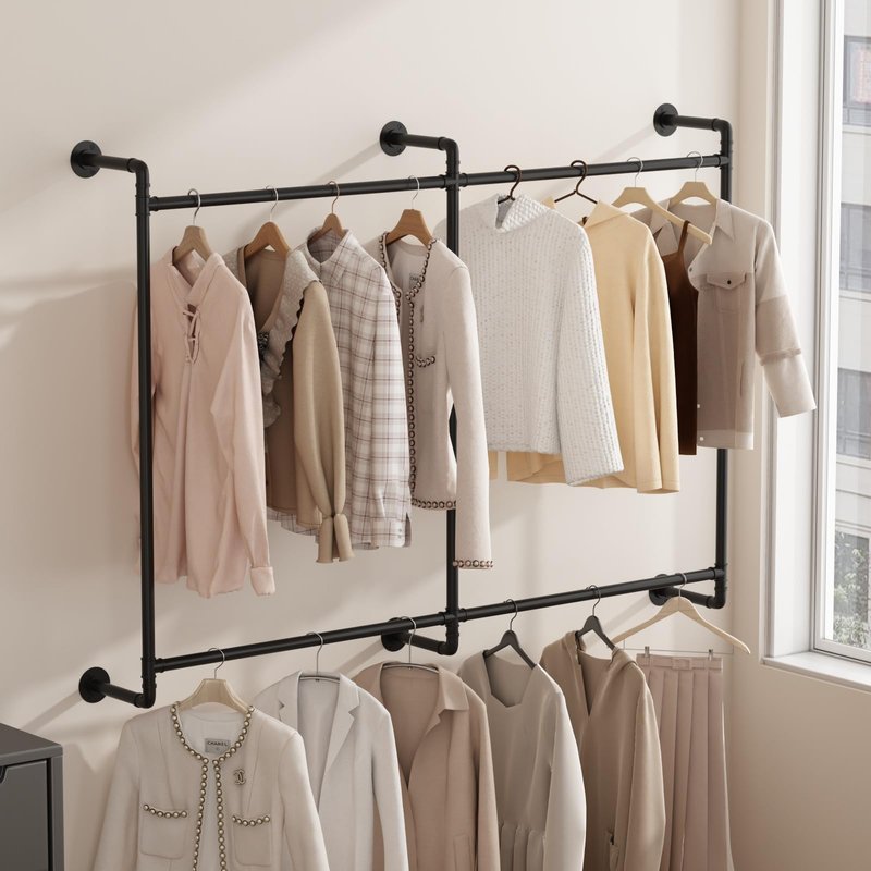 MaiRHK Industrial Pipe Clothing Rack Wall Mounted Clothes Rack Heavy Duty Closet Rod for Retail, Laundry Room, Bedroom (Black)-2 Tier Black
