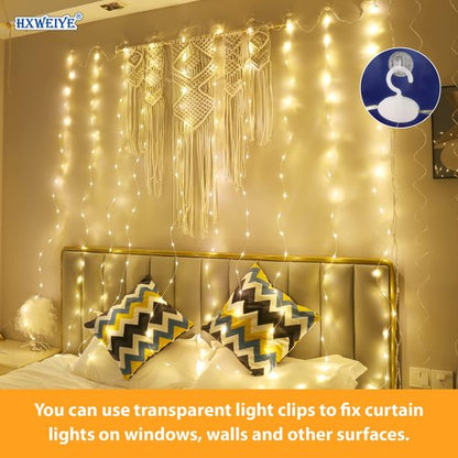 HXWEIYE 300LED Fairy Curtain Lights, 9.8x9.8Ft USB Plug-in 8 Modes Christmas String Hanging Lights with Remote for Bedroom Backdrop Wedding Indoor Wall Decor, Warm White, Tangle-Free – 1 Pack