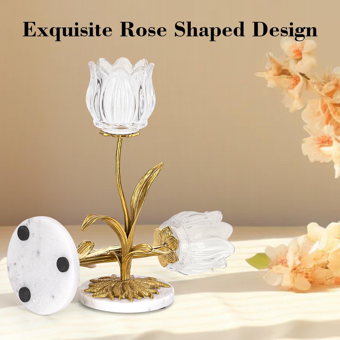 Anpdasi Candle Holder, Cut Rose Shaped Brass Candle Holder High-end Light Luxury Creative Art Crystal Glass Flower Candle Sticks Holder Decor Marble Disc Base Romantic Ambiance Table Decoration
