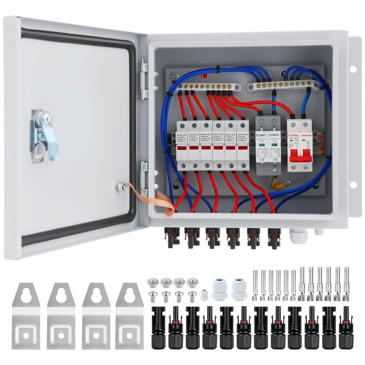 Doniks 6 String Metal Solar Combiner Box, IP65 Waterproof PV Combiner Box with 20A Rated Current Fuse, 63A Air Circuit Breaker,Lightning Arrester, Metal Box for On/Off Grid Solar Panel System