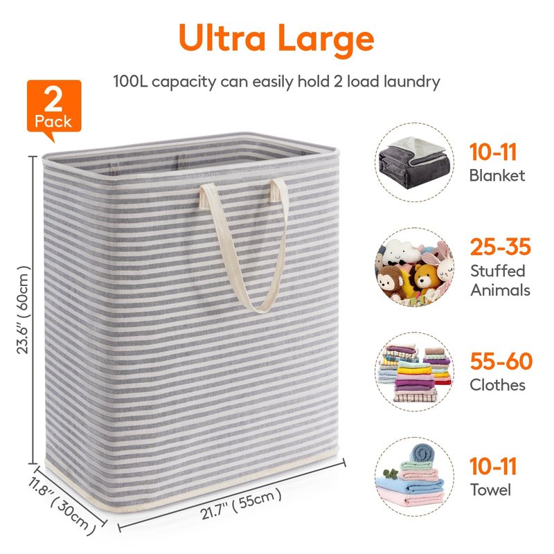 Lifewit 2 Pack Laundry Basket 100L Each, Collapsible Clothes Hamper with Reinforced Handles, Freestanding Waterproof Design for Bedroom and Laundry Room, Grey 200L Total