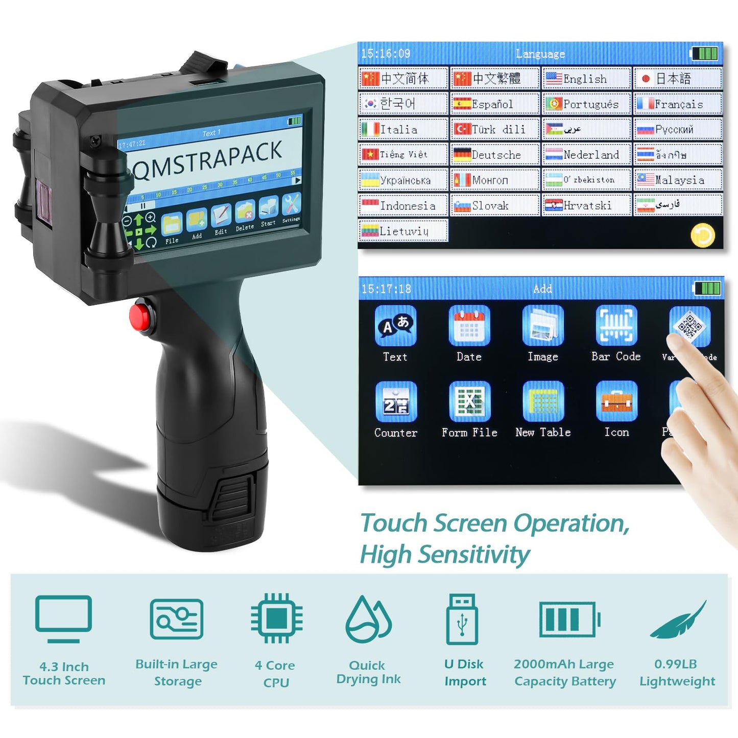 QMSTRAPACK Handheld Inkjet Printer Gun Z10 Printing Height 0.08-0.5 Inch Inkjet Coder with Original Fast-Drying Ink for Text QRCode/Barcode/Batch Number/Label/Image/Date Printer for Any Surface
