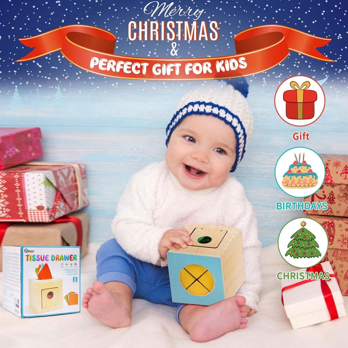 FCSONU Kids Toddler Toys, Montessori Baby Toys 0-6-12 Months, 1 Year Old Wooden Baby Tissue Box Toy for Educational Learning with Cloth Tissues, Boys & Girls Gifts for Birthday Christmas Children Day