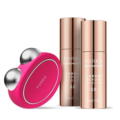 FOREO Age-Defying Bear Bundle - Bear Microcurrent Facial Device + 2 x Conductive Serum 1 fl.oz. - Anti Aging Face Massager - Skin Care Tools Set for an Instant Face Lift - Fuchsia