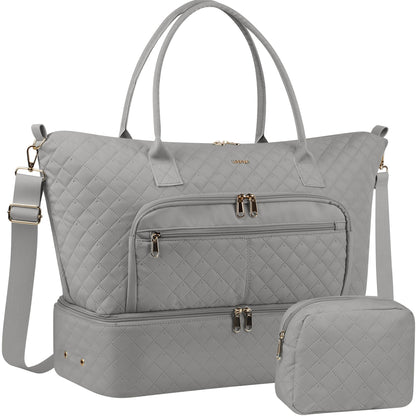 HOTOR Travel Duffle Bag for Women - Carry on Bag with Toiletry Pouch & Shoe Compartment, Large Overnight Weekender Bags for Gym, Business Trips, Sports and Hospital, Gray, 17.3" x 7.9" x 13.4"