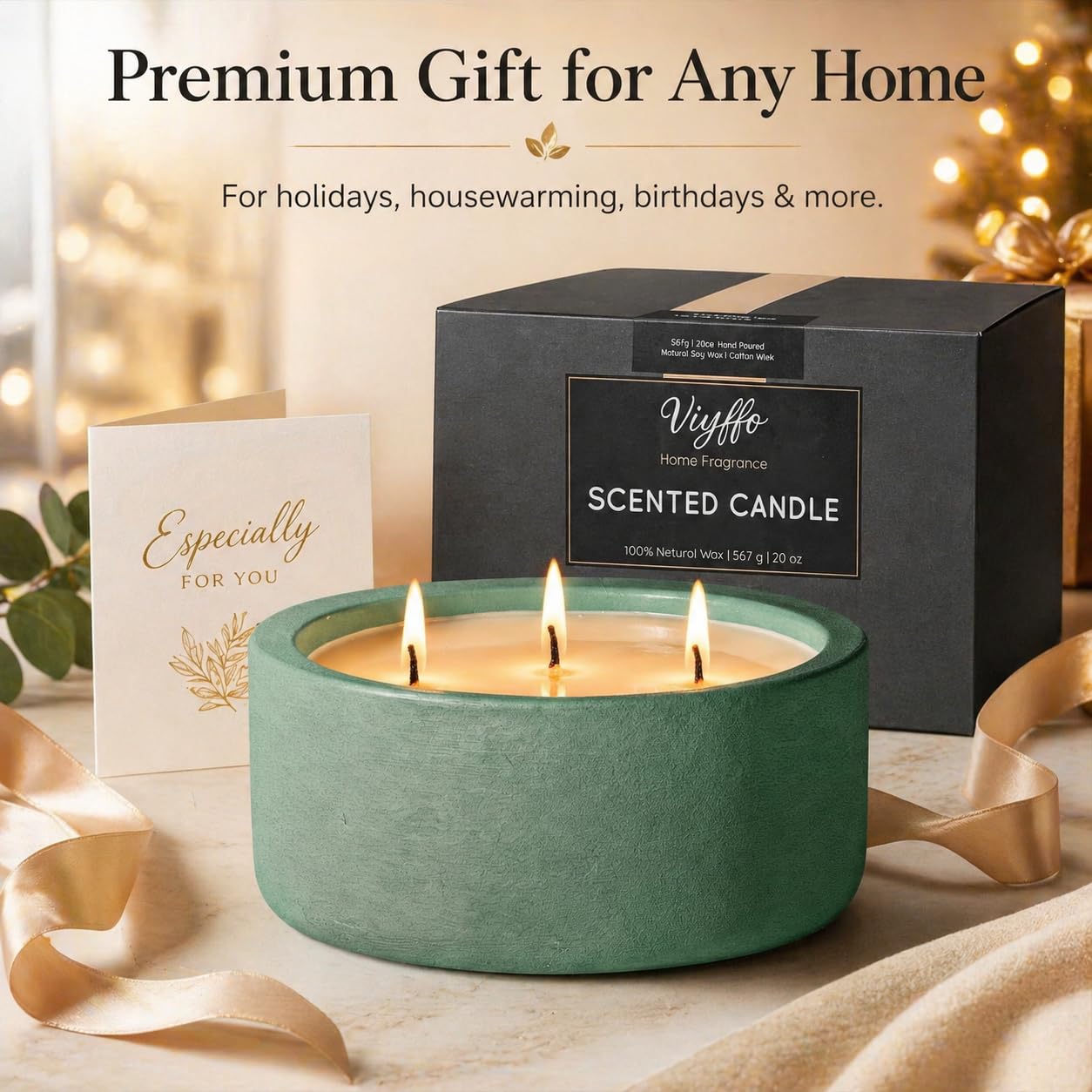 Viyffo 3 Wick 20oz Large Green Scented Candle – Pine & Cinnamon, Non Toxic Soy Candle for Women & Men, Matte Ceramic Jar, Perfect Luxury Home Fragrance, Elegant Décor & Premium Gift