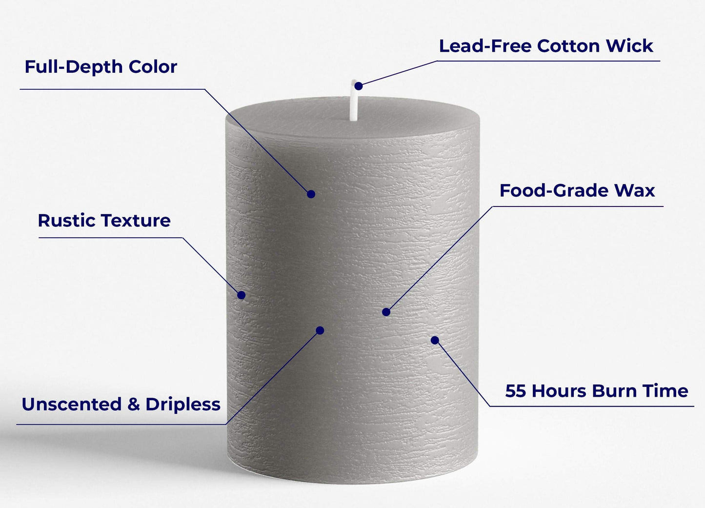 Melt Candle Company Set of 3 Pillar Candles 3" x 4" Unscented Handpoured Weddings, Home Decoration, Restaurants, Spa, Church Smokeless Cotton Wick - Grey